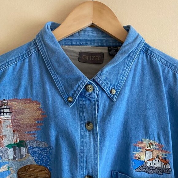 Vintage Enza Denim Button-Up Shirt Embroidery Woman XL Coastal Beach Coquette - Picture 5 of 14